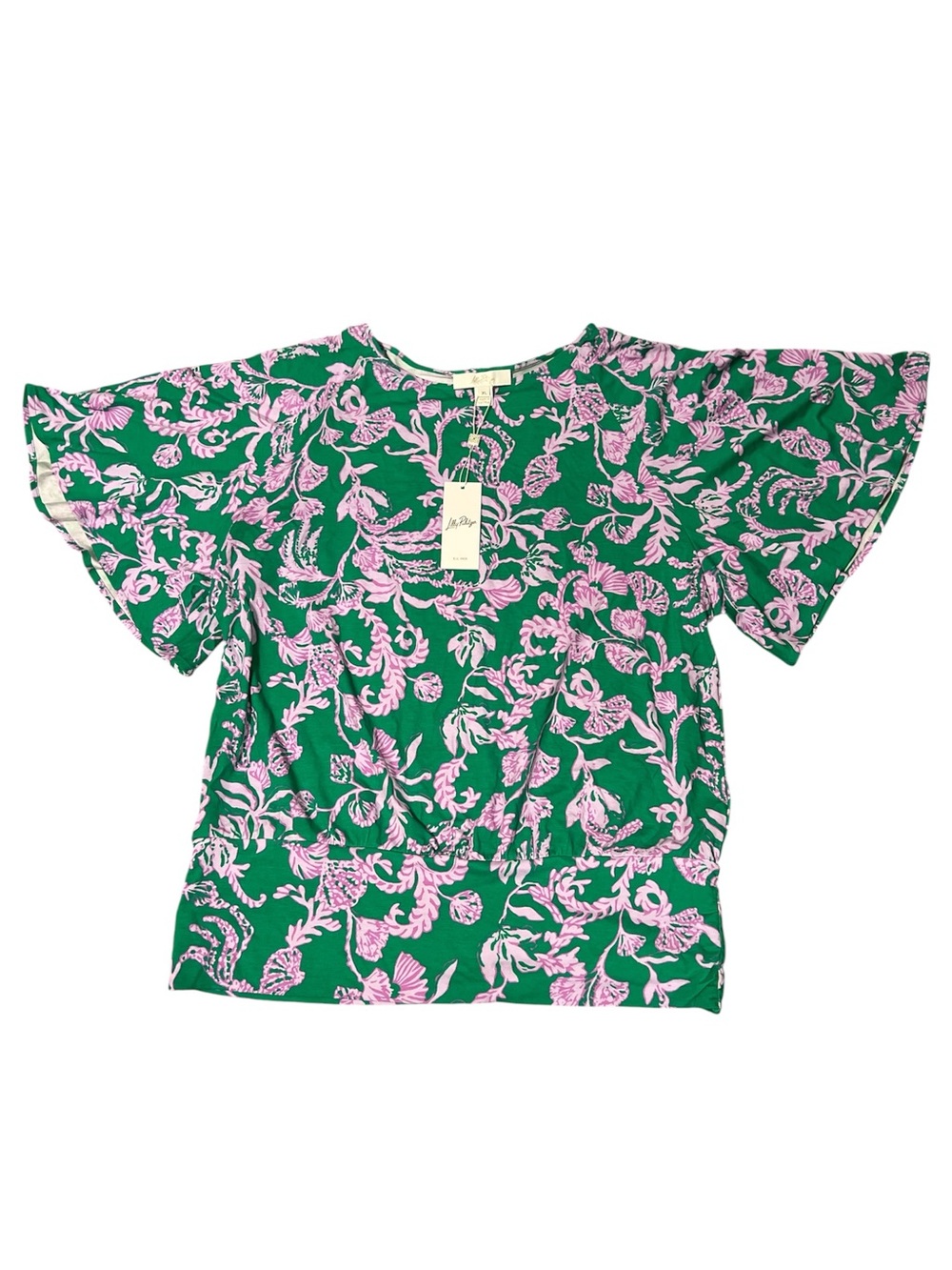 Lilly Pulitzer Green and Pink Printed Flutter-Sleeve Top - Picture 2 of 4